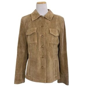 Vintage Tan Leather Jacket Size Large Button Front Seam Detail Lined